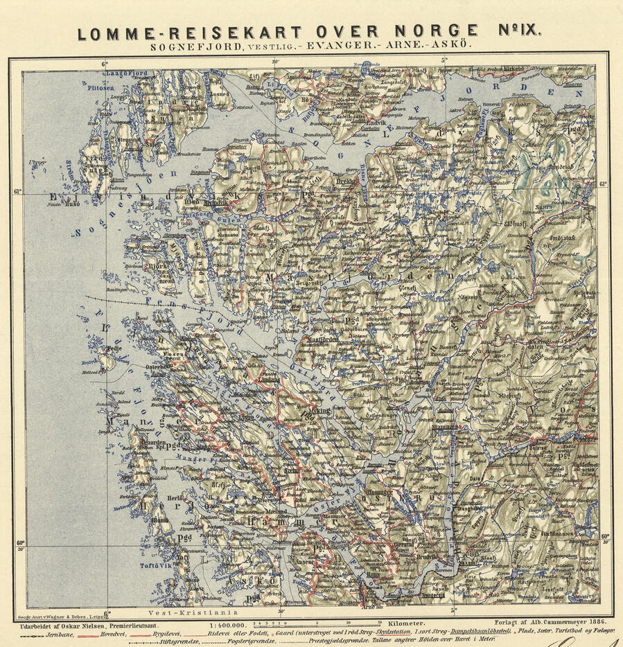 Reisekarter over Dele av Norge. Sognefjord, vestlig-Evanger-Arne, Askø. Cammermeyer 1886.